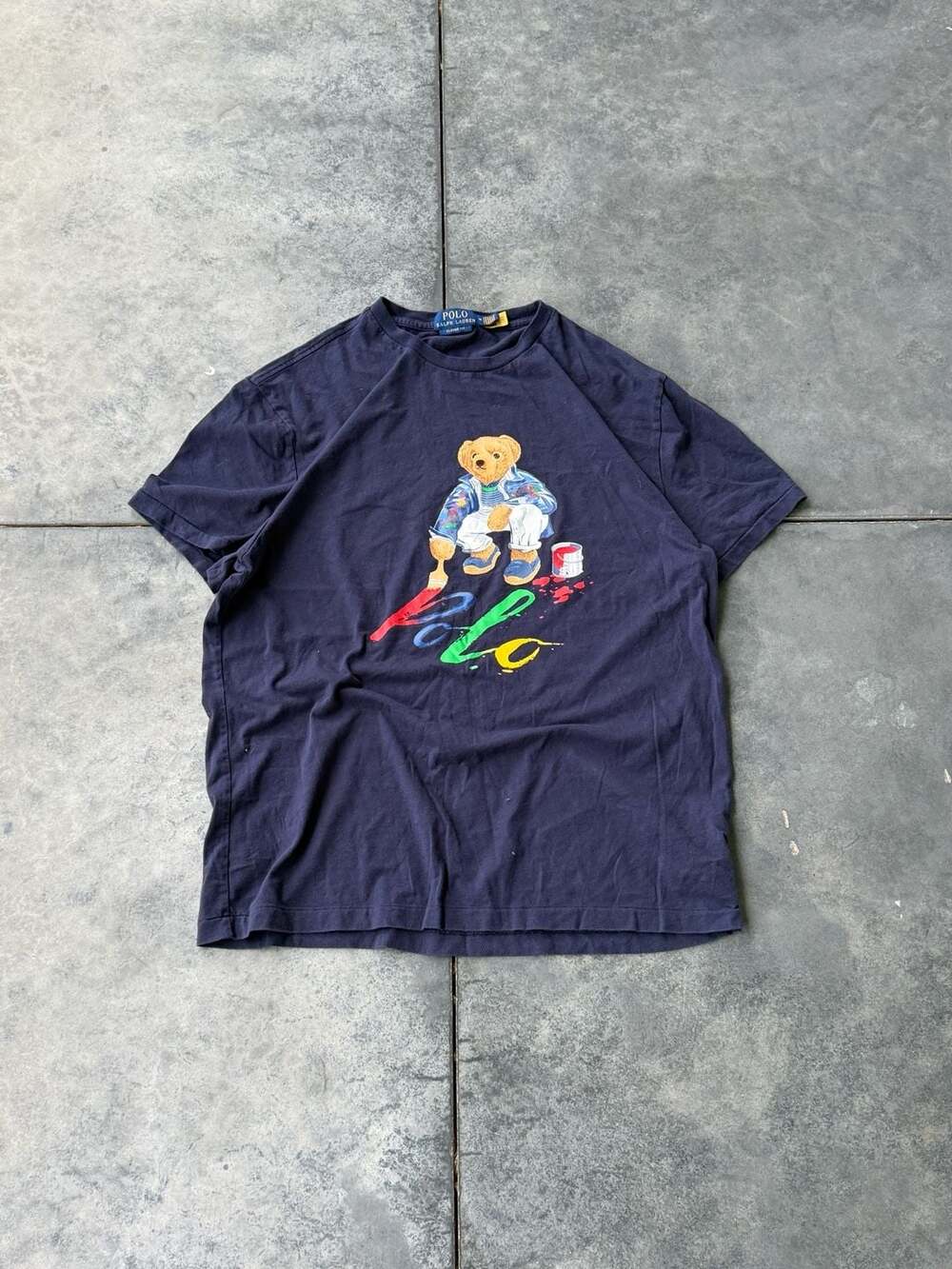 Vintage Polo Ralph Lauren Bear Paint Splatter Graphic T Shirt Navy Blue M